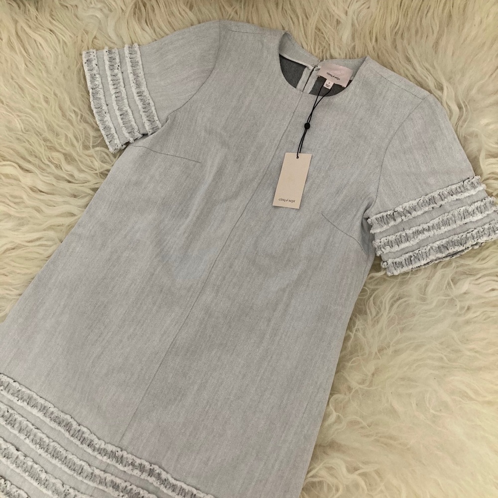 CINQ A SEPT Ashton Crewneck Short-Sleeve Cotton Shift Dress w/ Frayed Trim - Picture 4 of 12